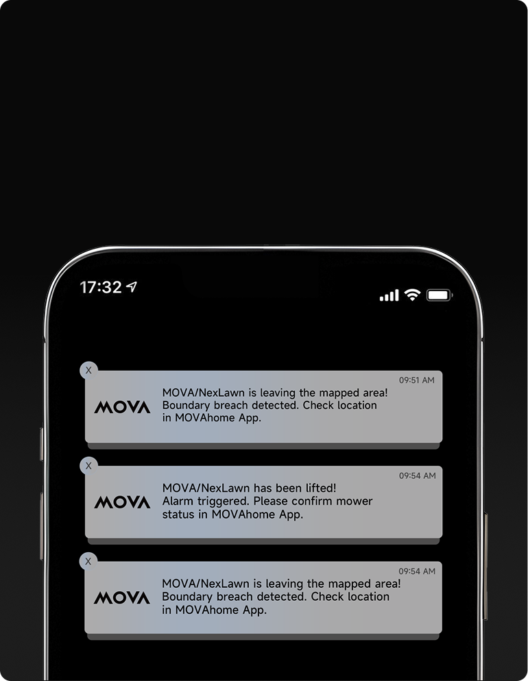 Timely Notification - Get instant app notifications if the mower strays outside the designated area or is unexpectedly lifted.